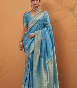 Sky blue tussar silk saree with rich zari border saree