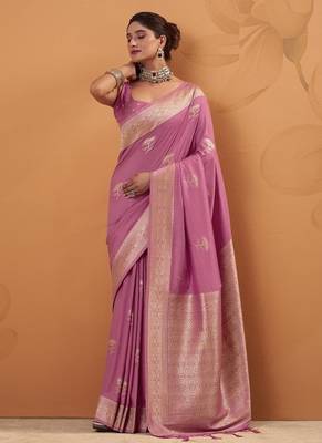 Onion pink tussar silk saree with rich zari border saree 1