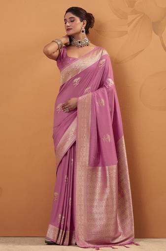 Onion pink tussar silk saree with rich zari border saree