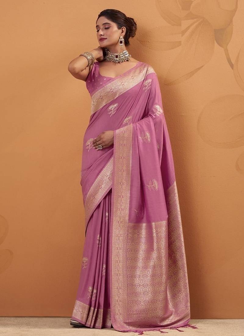 Onion pink tussar silk saree with rich zari border saree