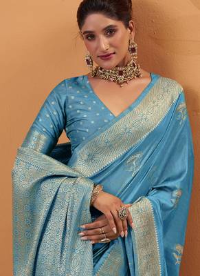 Sky blue tussar silk saree with rich zari border saree 2