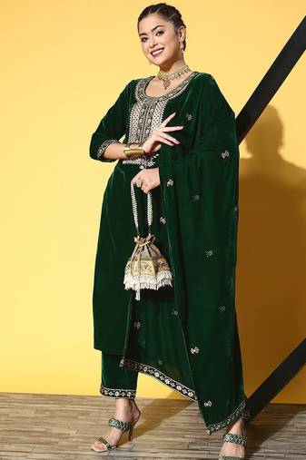 Zari Embroidered Straight Velvet Winter Kurta with Trousers & Embroidered Dupatta