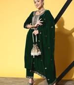 Zari Embroidered Straight Velvet Winter Kurta with Trousers & Embroidered Dupatta