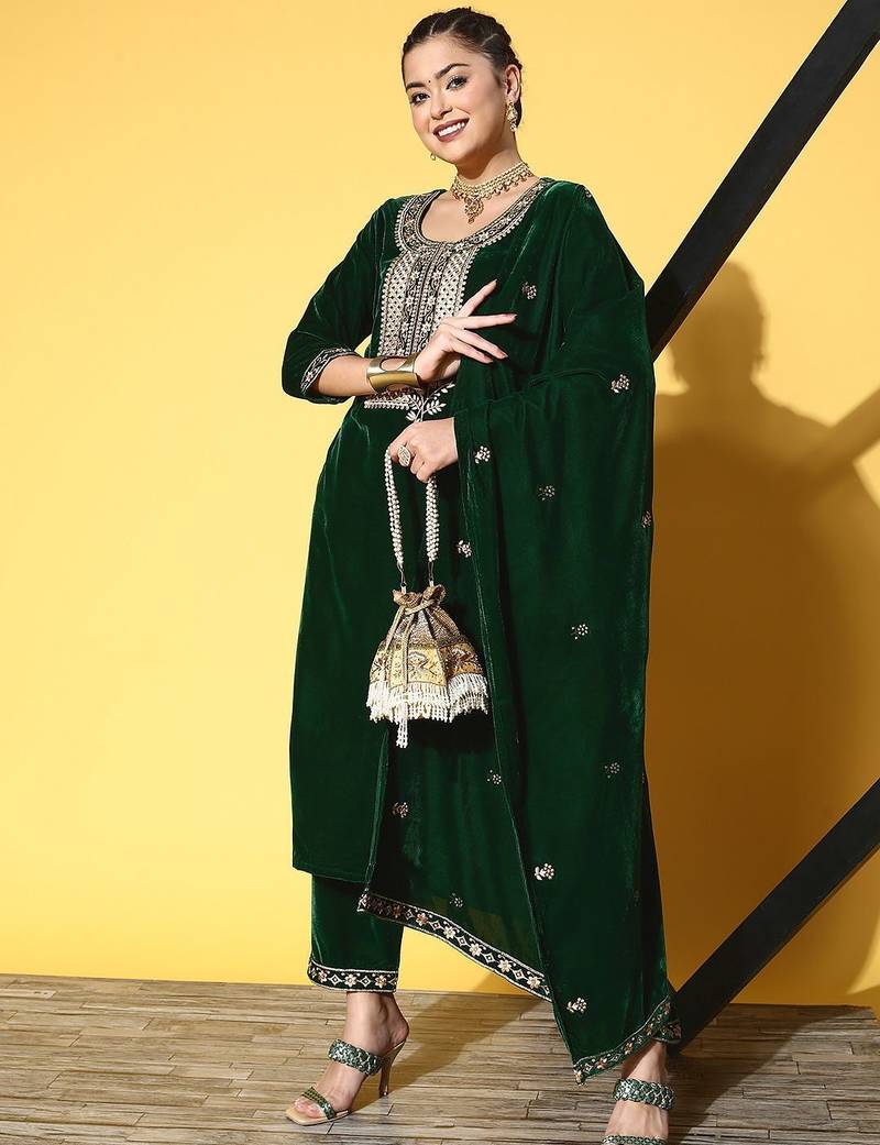 Zari Embroidered Straight Velvet Winter Kurta with Trousers & Embroidered Dupatta