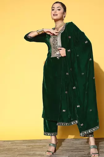 Zari Embroidered Straight Velvet Winter Kurta with Trousers & Embroidered Dupatta