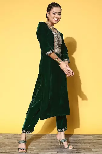 Zari Embroidered Straight Velvet Winter Kurta with Trousers & Embroidered Dupatta