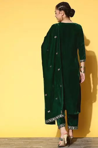 Zari Embroidered Straight Velvet Winter Kurta with Trousers & Embroidered Dupatta