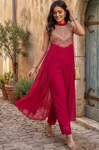 Women Ethnic Motifs Embroidered Empire Thread Work Kurta with Trousers