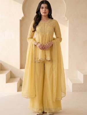 Women Ethnic Motifs Embroidered Empire Thread Work Silk Chiffon Kurti with Palazzos & With Dupatta 1