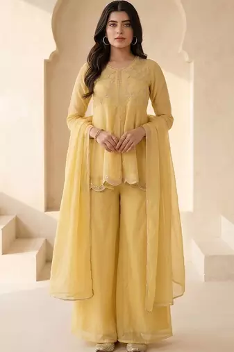 Women Ethnic Motifs Embroidered Empire Thread Work Silk Chiffon Kurti with Palazzos & With Dupatta