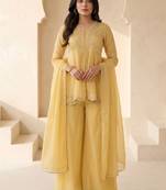 Women Ethnic Motifs Embroidered Empire Thread Work Silk Chiffon Kurti with Palazzos & With Dupatta