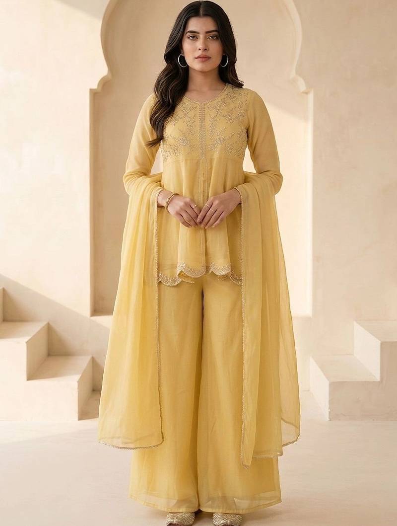 Women Ethnic Motifs Embroidered Empire Thread Work Silk Chiffon Kurti with Palazzos & With Dupatta