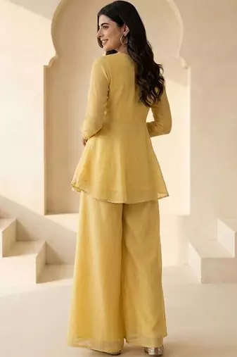 Women Ethnic Motifs Embroidered Empire Thread Work Silk Chiffon Kurti with Palazzos & With Dupatta