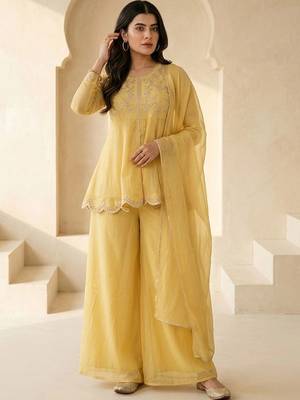 Women Ethnic Motifs Embroidered Empire Thread Work Silk Chiffon Kurti with Palazzos & With Dupatta 3