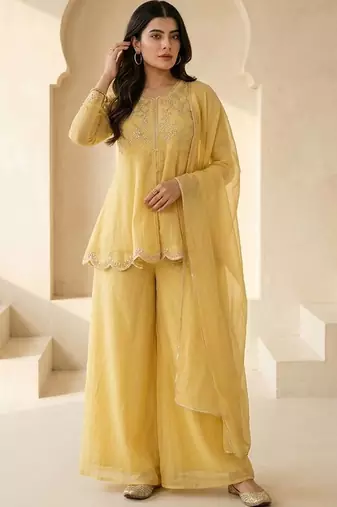 Women Ethnic Motifs Embroidered Empire Thread Work Silk Chiffon Kurti with Palazzos & With Dupatta