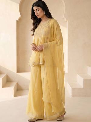 Women Ethnic Motifs Embroidered Empire Thread Work Silk Chiffon Kurti with Palazzos & With Dupatta 5