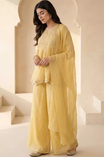 Women Ethnic Motifs Embroidered Empire Thread Work Silk Chiffon Kurti with Palazzos & With Dupatta
