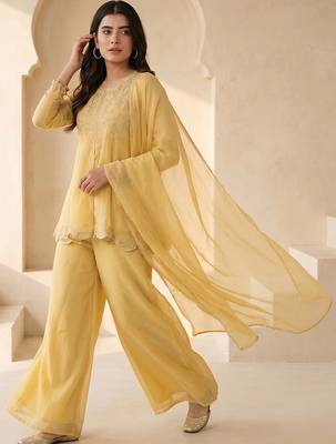Women Ethnic Motifs Embroidered Empire Thread Work Silk Chiffon Kurti with Palazzos & With Dupatta 6
