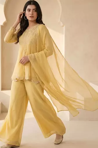 Women Ethnic Motifs Embroidered Empire Thread Work Silk Chiffon Kurti with Palazzos & With Dupatta