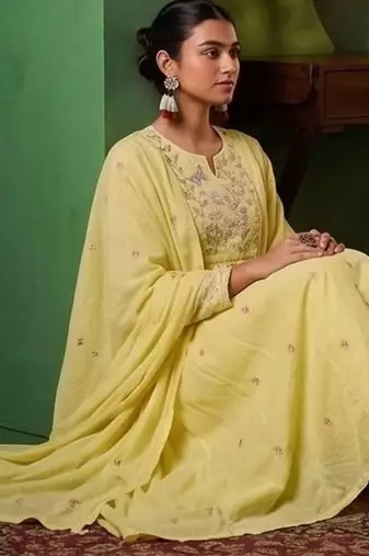 Women Floral Embroidered Empire Thread Work Kurta with Palazzos & With Dupatta