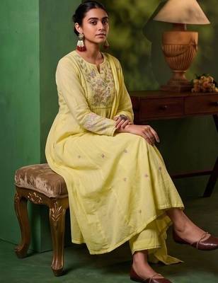 Women Floral Embroidered Empire Thread Work Kurta with Palazzos & With Dupatta 6
