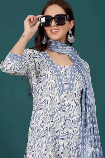Floral Printed V-Neck Pure Cotton Straight Kurta With Trousers & Dupatta