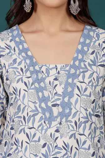 Floral Printed V-Neck Pure Cotton Straight Kurta With Trousers & Dupatta
