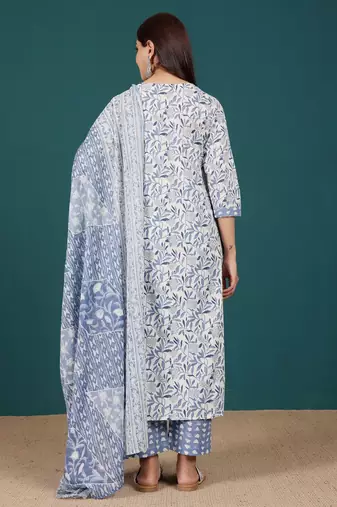 Floral Printed V-Neck Pure Cotton Straight Kurta With Trousers & Dupatta