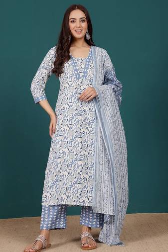 Floral Printed V-Neck Pure Cotton Straight Kurta With Trousers & Dupatta