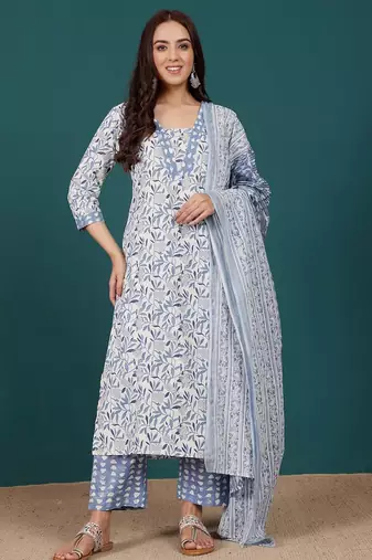 Floral Printed V-Neck Pure Cotton Straight Kurta With Trousers & Dupatta