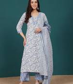 Floral Printed V-Neck Pure Cotton Straight Kurta With Trousers & Dupatta