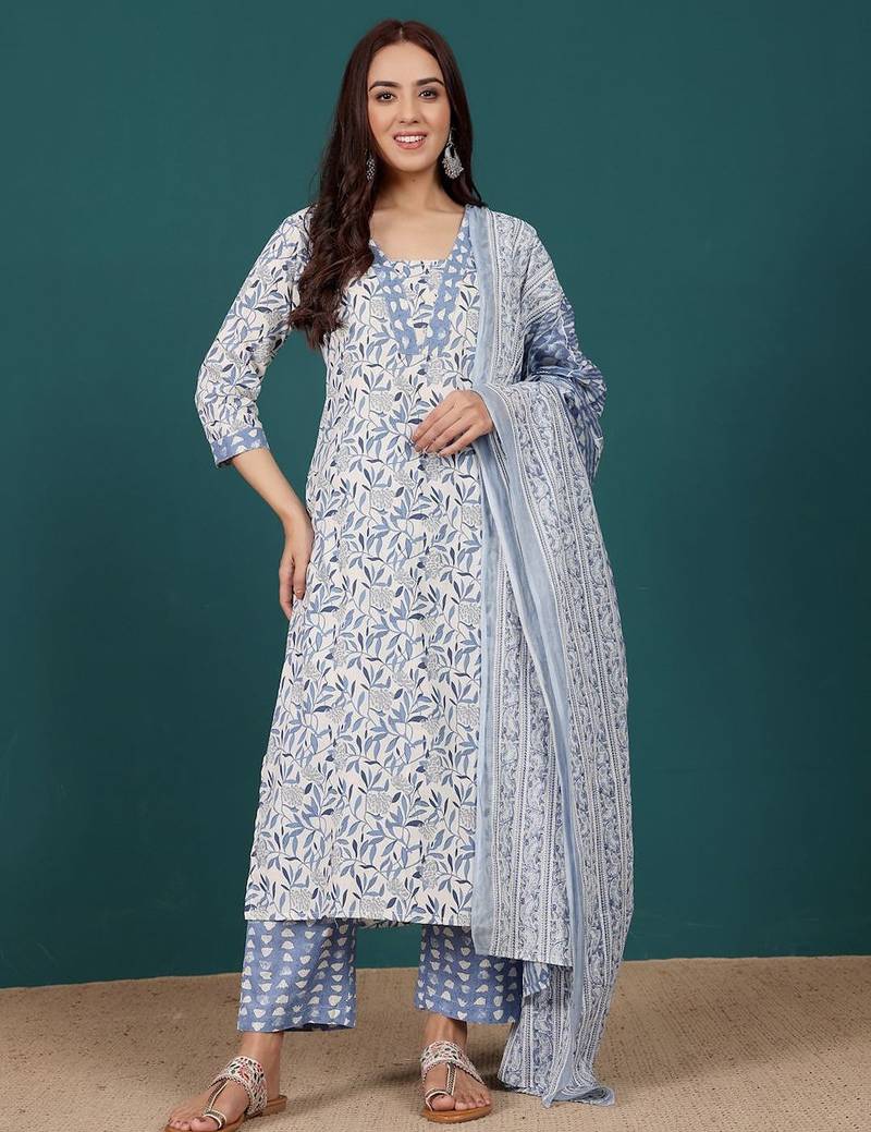 Floral Printed V-Neck Pure Cotton Straight Kurta With Trousers & Dupatta