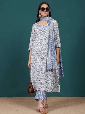 Floral Printed V-Neck Pure Cotton Straight Kurta With Trousers & Dupatta 5