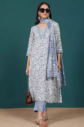 Floral Printed V-Neck Pure Cotton Straight Kurta With Trousers & Dupatta