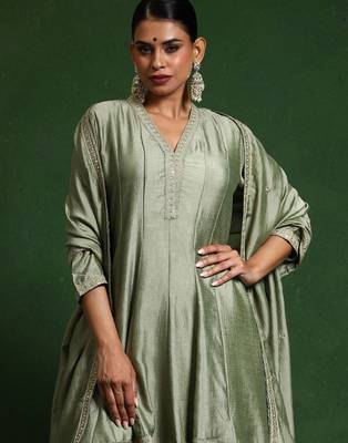 Floral Embroidered V-Neck A-Line Kurta With Sharara And Dupatta 2