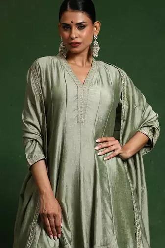Floral Embroidered V-Neck A-Line Kurta With Sharara And Dupatta