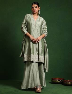 Floral Embroidered V-Neck A-Line Kurta With Sharara And Dupatta 1