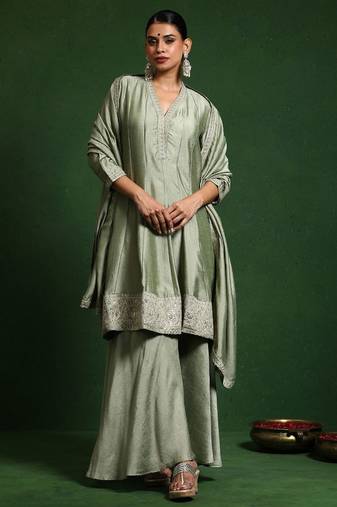 Floral Embroidered V-Neck A-Line Kurta With Sharara And Dupatta