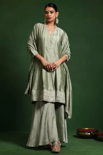 Floral Embroidered V-Neck A-Line Kurta With Sharara And Dupatta