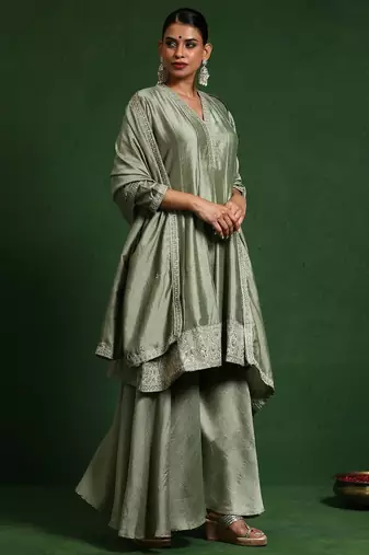 Floral Embroidered V-Neck A-Line Kurta With Sharara And Dupatta