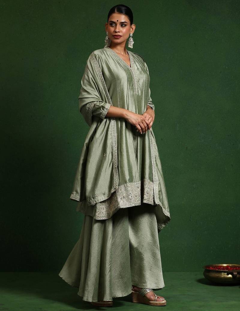 Floral Embroidered V-Neck A-Line Kurta With Sharara And Dupatta