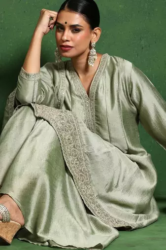 Floral Embroidered V-Neck A-Line Kurta With Sharara And Dupatta