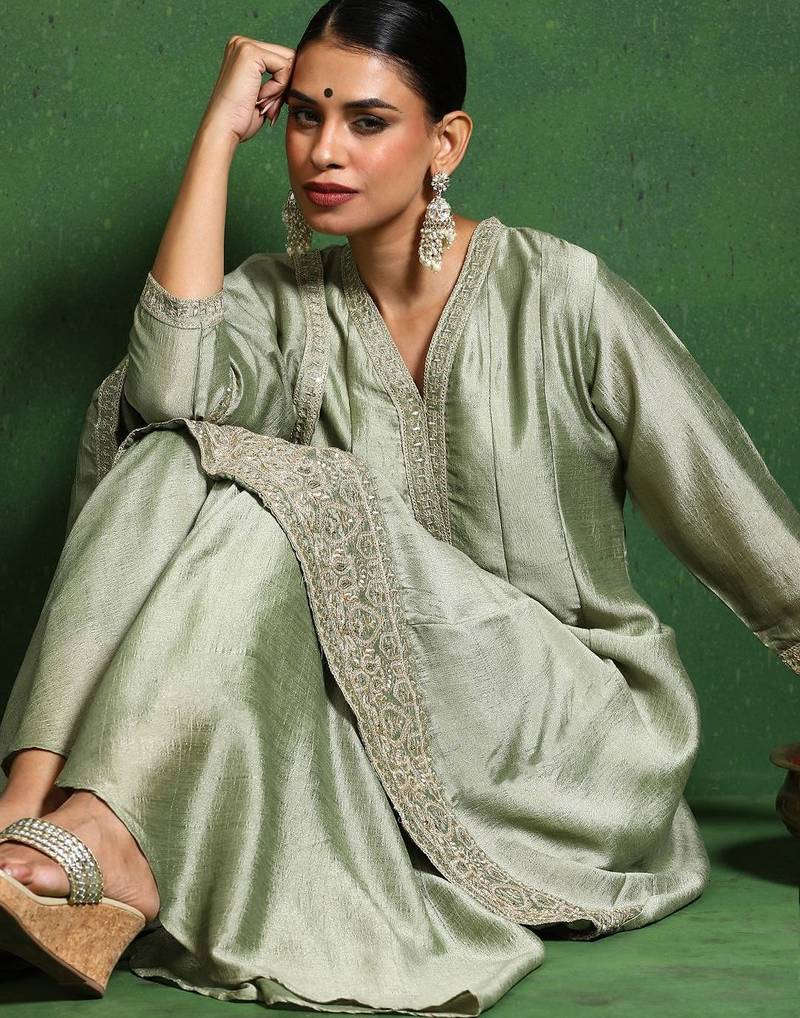 Floral Embroidered V-Neck A-Line Kurta With Sharara And Dupatta