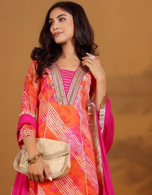 Leheriya Printed Gotta Patti V-Neck Anarkali Kurta With Trousers & Dupatta 2