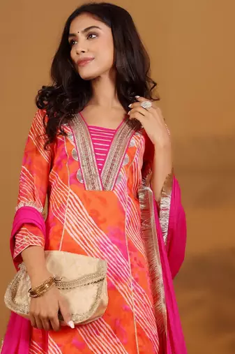 Leheriya Printed Gotta Patti V-Neck Anarkali Kurta With Trousers & Dupatta