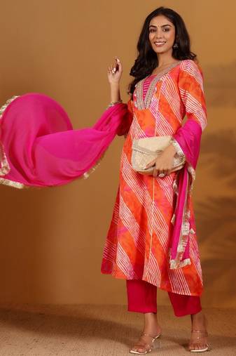 Leheriya Printed Gotta Patti V-Neck Anarkali Kurta With Trousers & Dupatta