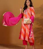 Leheriya Printed Gotta Patti V-Neck Anarkali Kurta With Trousers & Dupatta