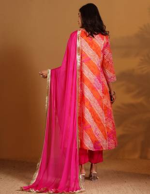 Leheriya Printed Gotta Patti V-Neck Anarkali Kurta With Trousers & Dupatta 3