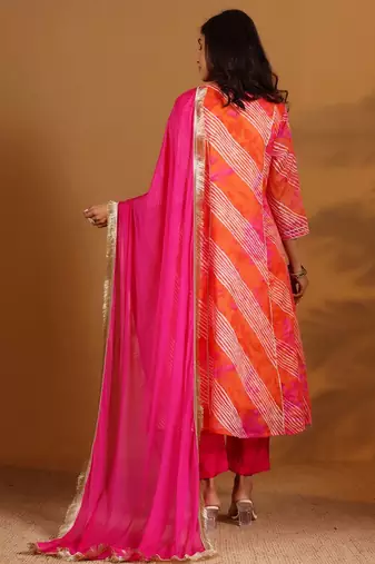 Leheriya Printed Gotta Patti V-Neck Anarkali Kurta With Trousers & Dupatta