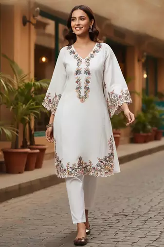 Floral Embroidered Pure Cotton Flared Sleeves V-Neck Straight Kurta With Trousers